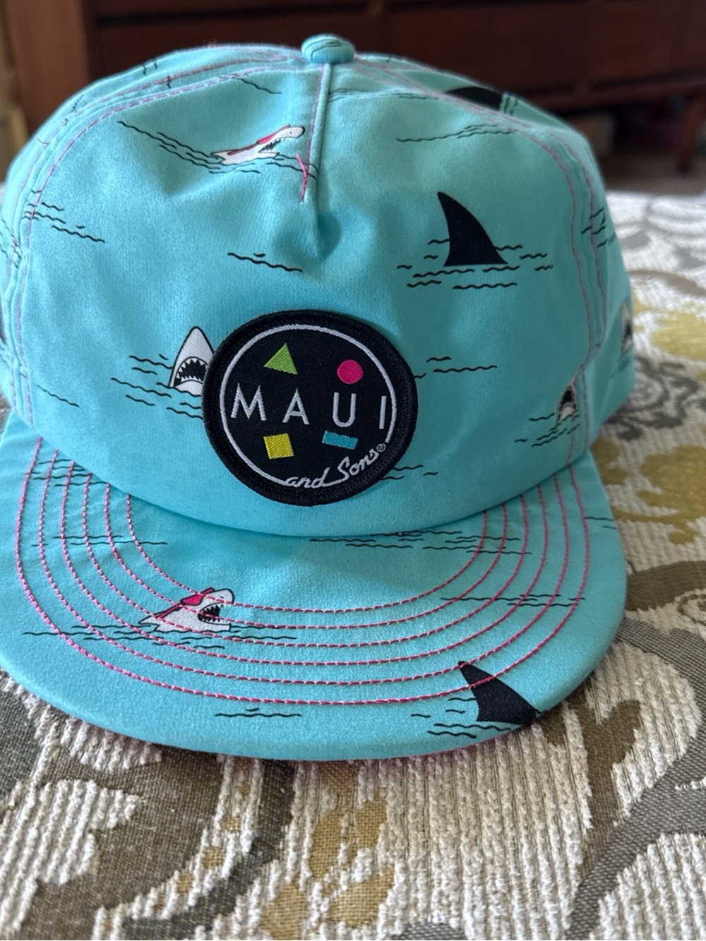Maui and Sons Teal Shark Print Snapback Hat bite me nwot